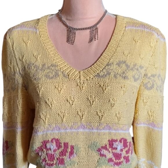 VTG 70s Yellow Pink Floral Cable Knit Vneck Sweater Large *Fits like Small - Picture 6 of 16
